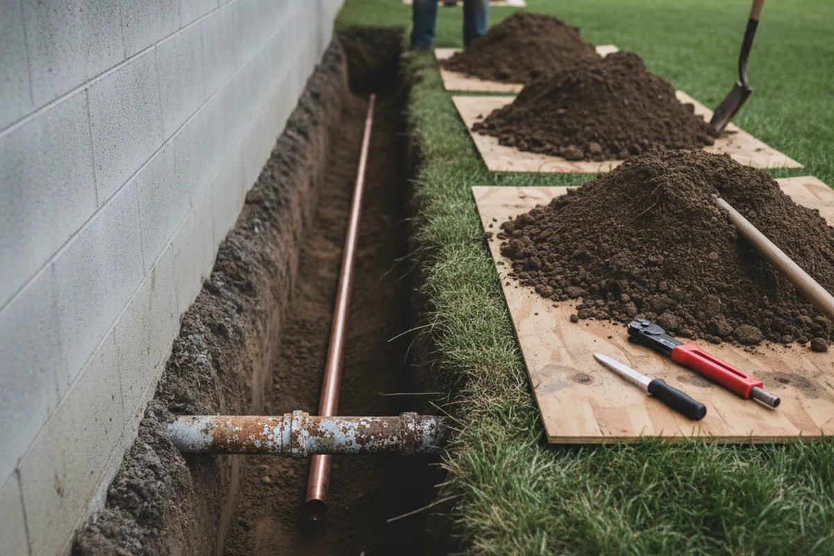 Excavated water line trench during Sewer Line Repair in Wallula